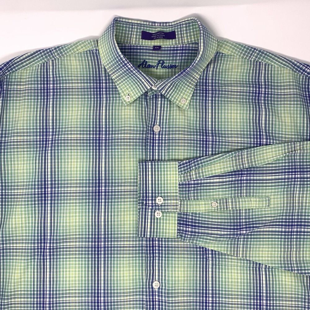 Alan Flusser Blue Yellow Green Cotton Plaid Men's Long Sleeve Shirt Size XXL